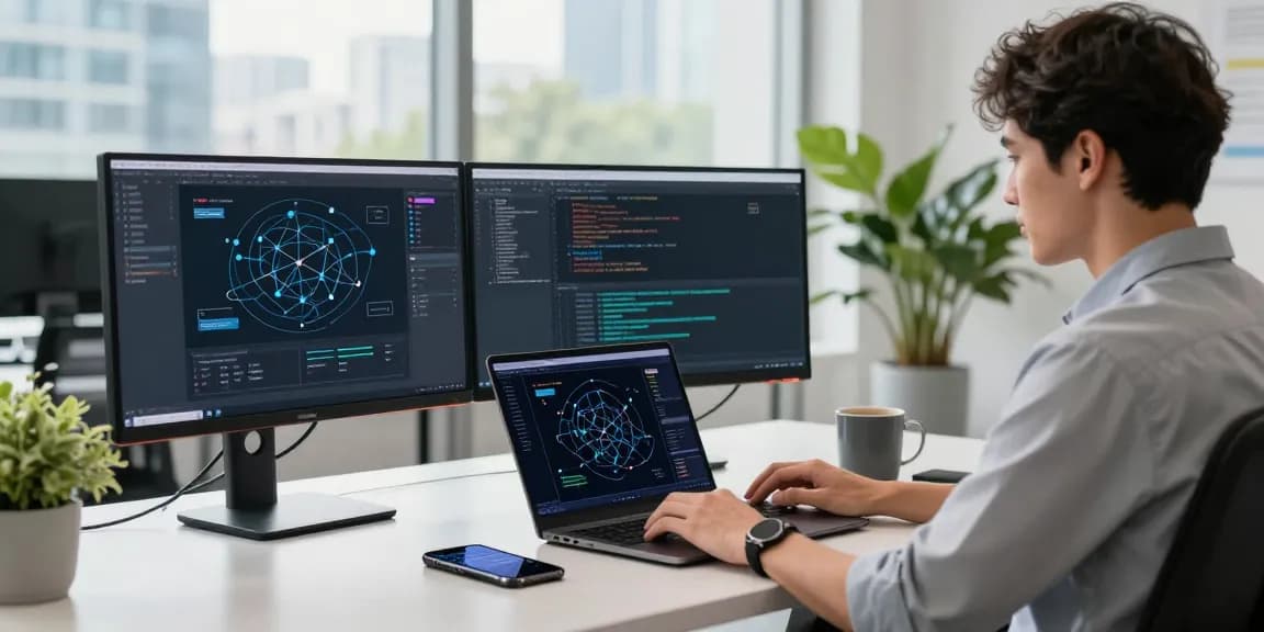 快连 network optimization software in a modern tech workspace featuring a developer focused on multiple screens and a productive atmosphere.