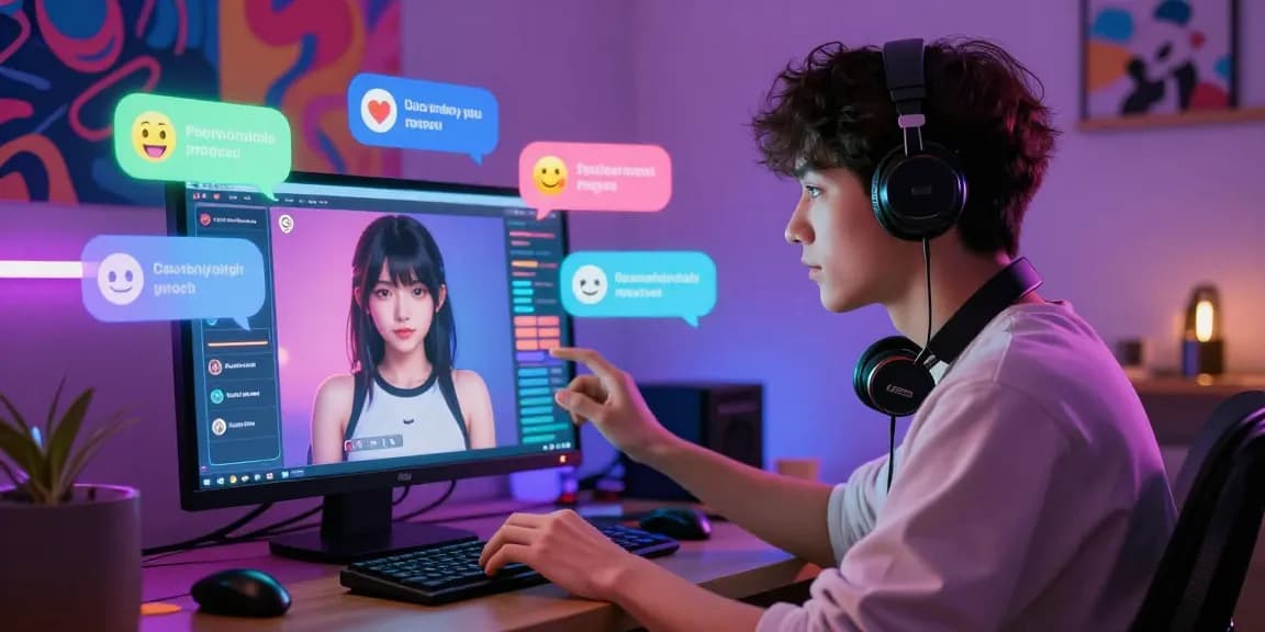 Engaging user interacting with an AI hentai chat character in vibrant digital space, highlighting playful features of ai hentai chat.