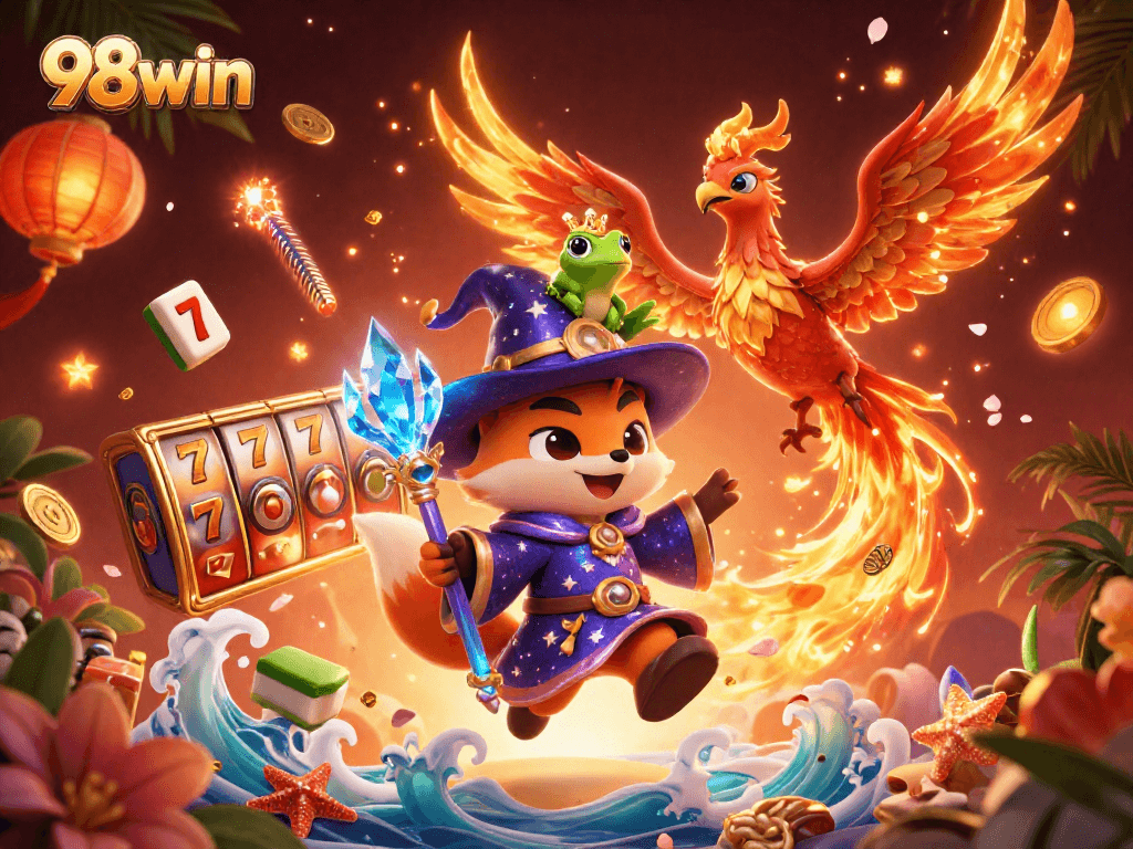 Join the fun at 98win with a mystical wizard fox, phoenix, and casino elements in action.