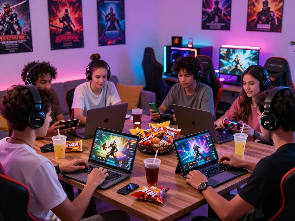 Gamers enjoying interactive xxx games with diverse devices and vibrant atmosphere.
