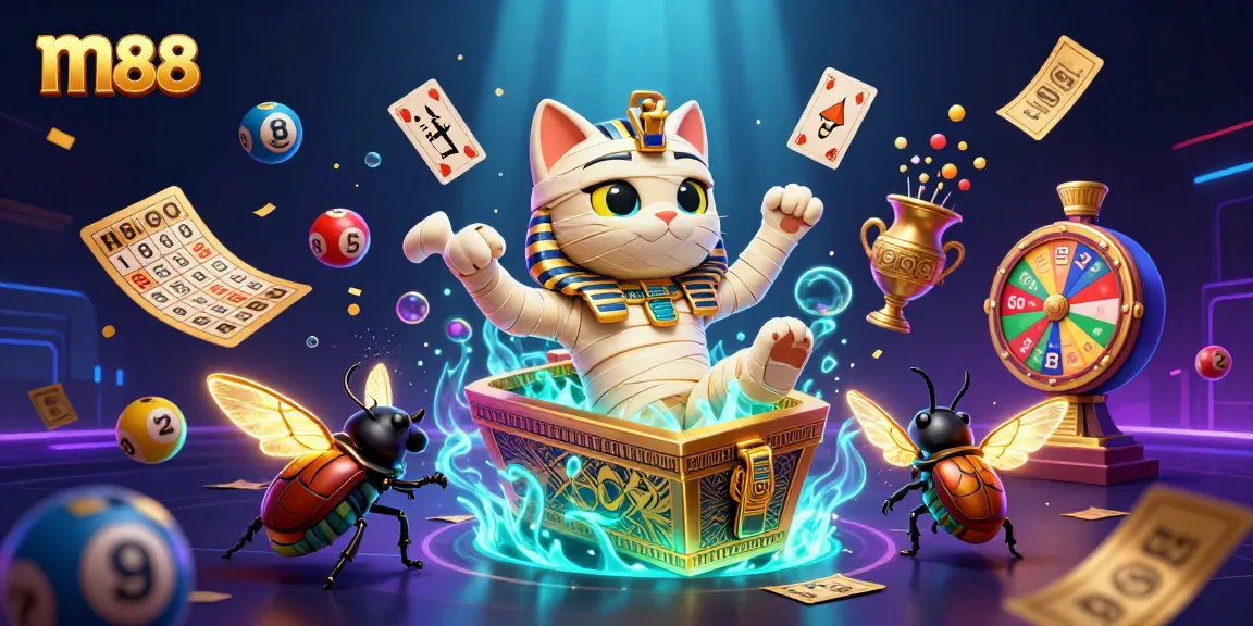 Experience excitement at m88 with a vibrant Egyptian cat bursting from a pyramid casino, surrounded by lottery elements.