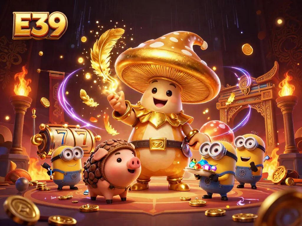 E39 gaming scene featuring a golden mushroom wizard, truffle pig, and playful minions amid slot reels and gold coins.