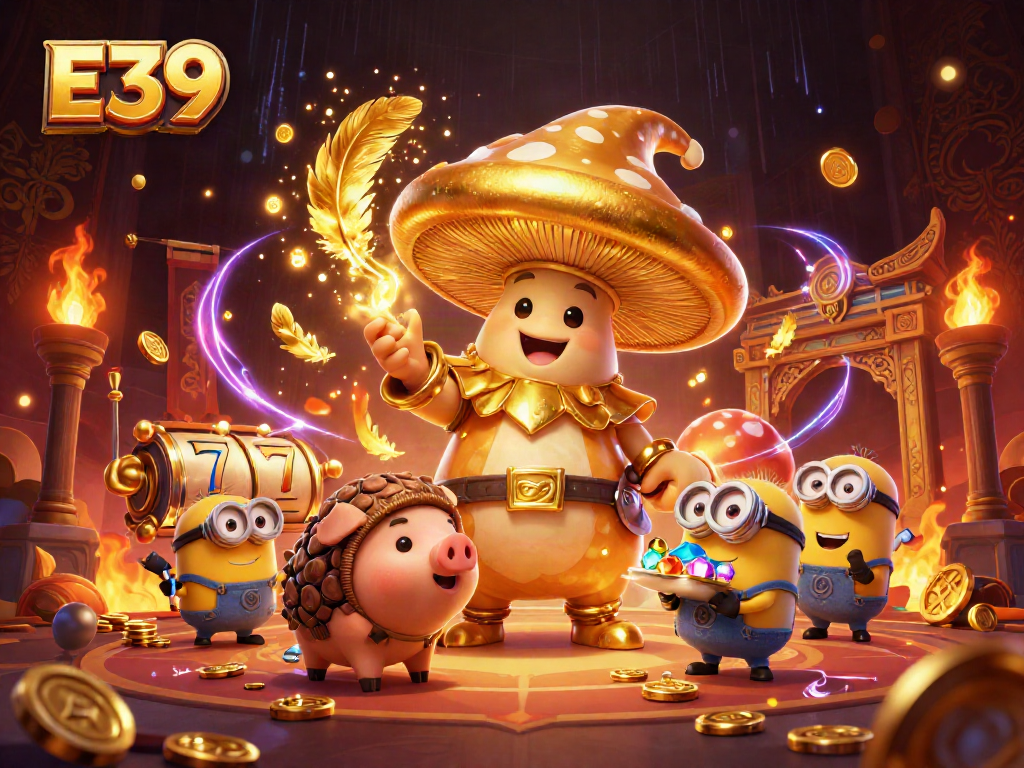E39 gaming scene featuring a golden mushroom wizard, truffle pig, and playful minions amid slot reels and gold coins.