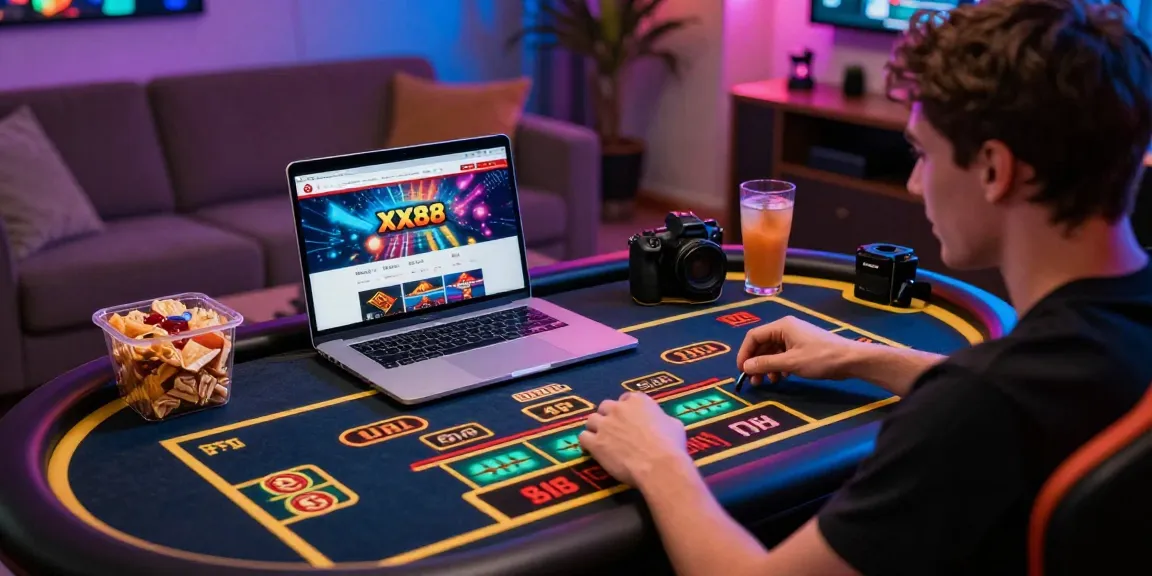 Player enjoying a thrilling XX88 casino game on a laptop amidst snacks and ambient lighting.