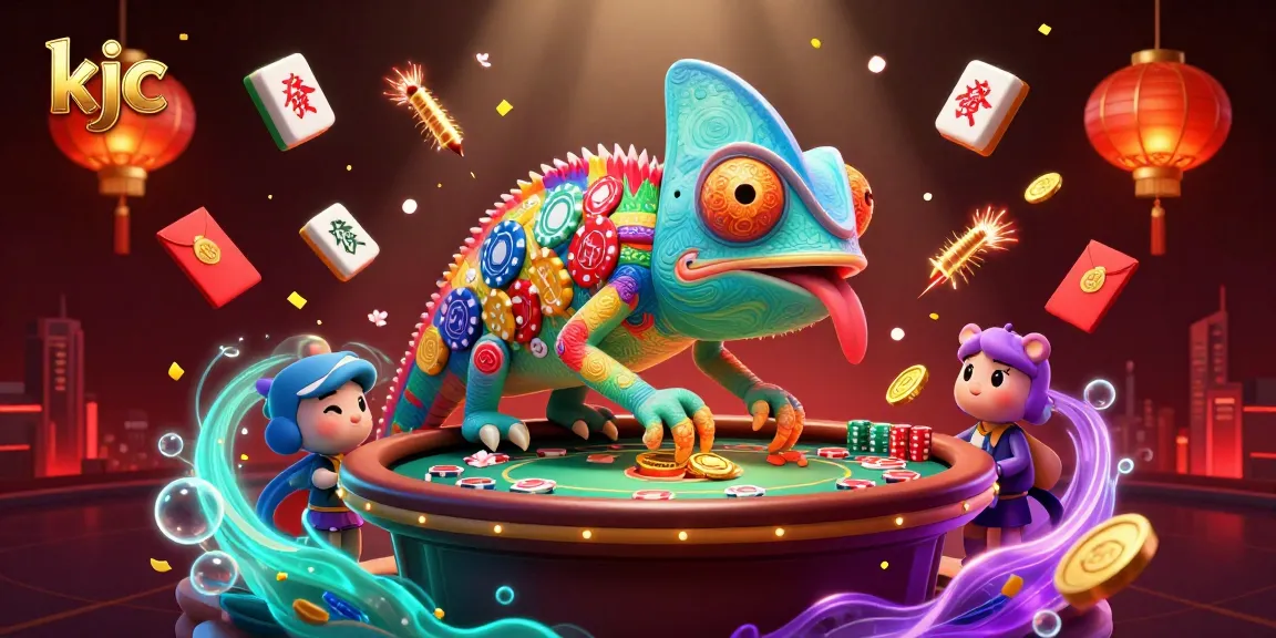 Experience the exciting world of kjc with a vibrant 3D chameleon casino owner amidst dynamic gaming elements.