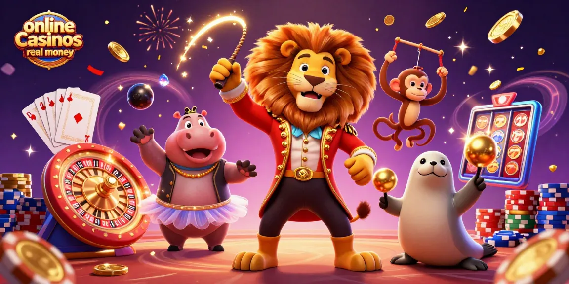 Engage with online casinos real money, featuring a vibrant circus scene of animated characters enjoying casino games.
