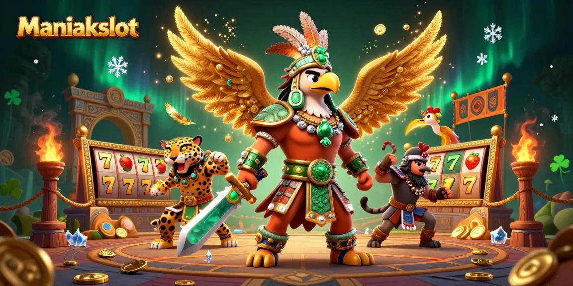 Spin to win with Maniakslot as Aztec warriors battle amid vibrant casino elements.