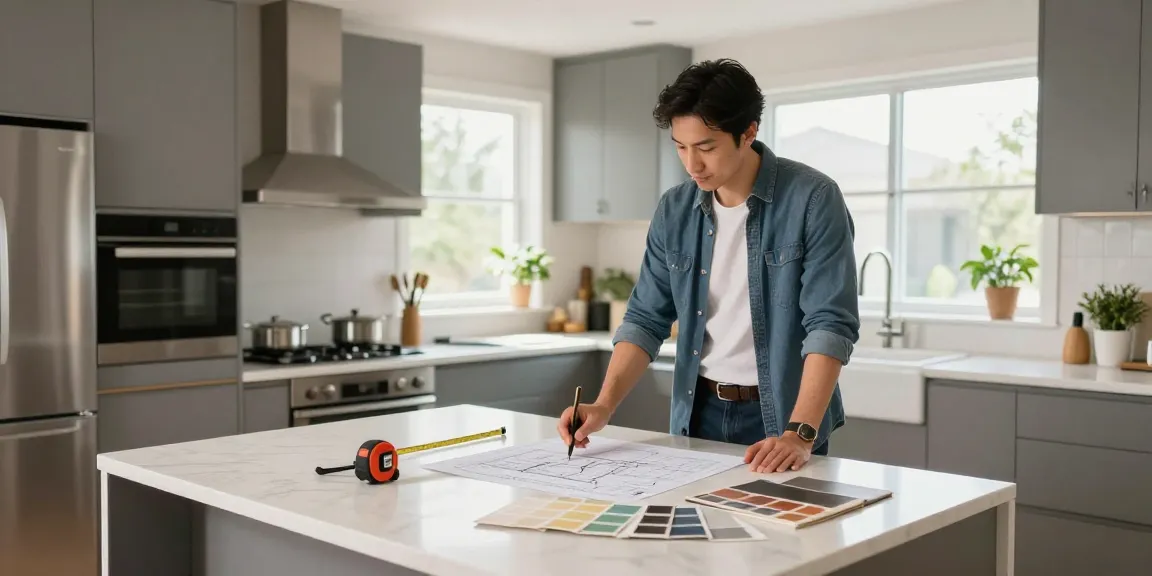 Kitchen remodeling style illustrated with a specialist assessing modern design and tools in a bright, inviting atmosphere.