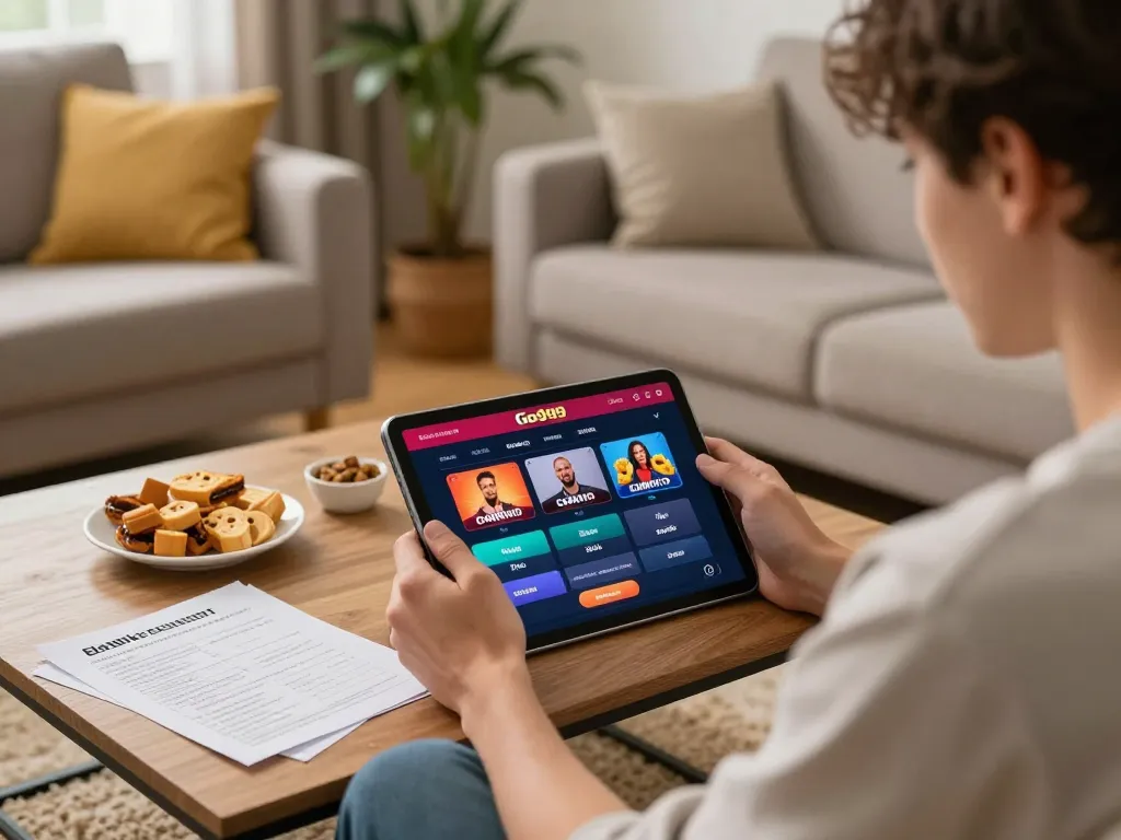 Engaging in gameplay on Go99 com from a cozy home setting, showcasing strategic notes and tablet usage.