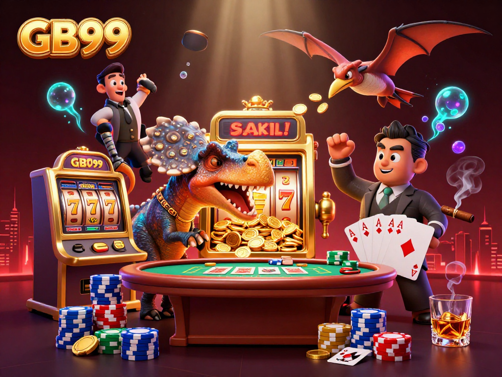 Experience the thrill of GB99 as a captivated dinosaur wins jackpots amidst vibrant casino action.