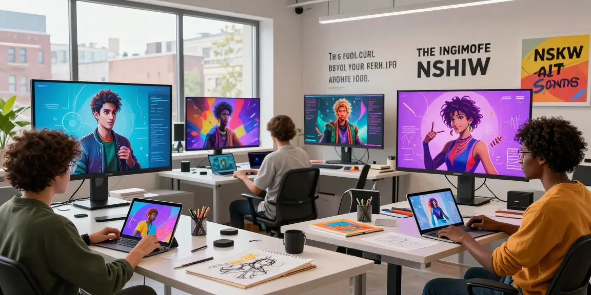 Engaging NSFW character AI roleplay workshop with diverse creatives in a modern urban studio.
