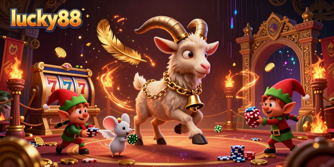 Engage with lucky88 casino thrills featuring a Krampus goat, angel mouse, and elf gremlins in a festive scene.