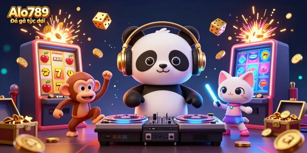 Alo789 Đá gà trực tiếp showcases a vibrant scene with a DJ panda, dancing monkey, and glowing kitten, surrounded by casino elements.
