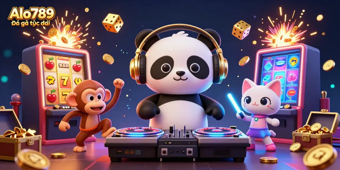 Alo789 Đá gà trực tiếp showcases a vibrant scene with a DJ panda, dancing monkey, and glowing kitten, surrounded by casino elements.