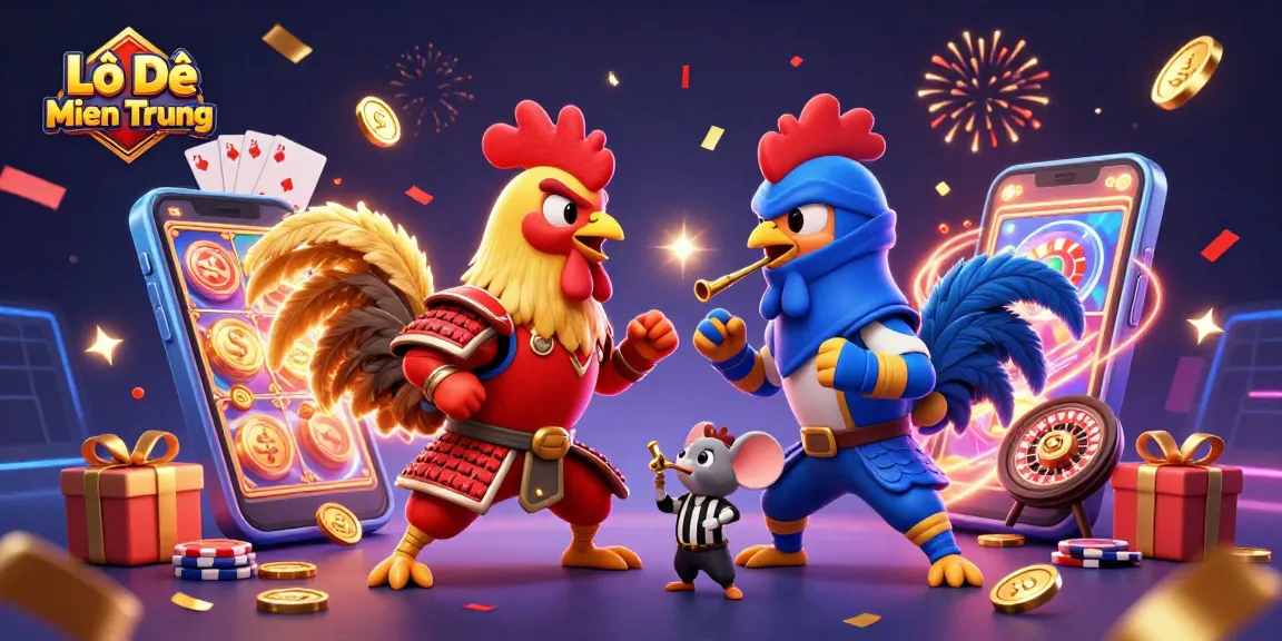 Lô Đề Miền Trung: Cartoon fighting roosters standoff amidst dynamic casino game elements