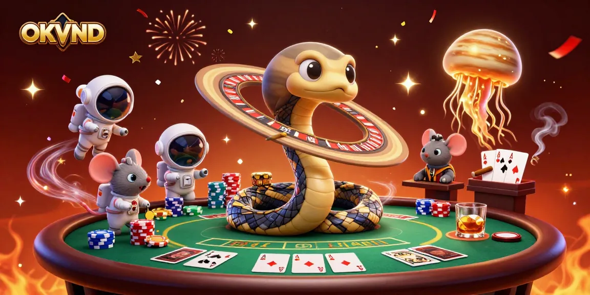 Engage in thrilling betting at OKVND with a 3D cosmic gambling scene full of vibrant casino elements.