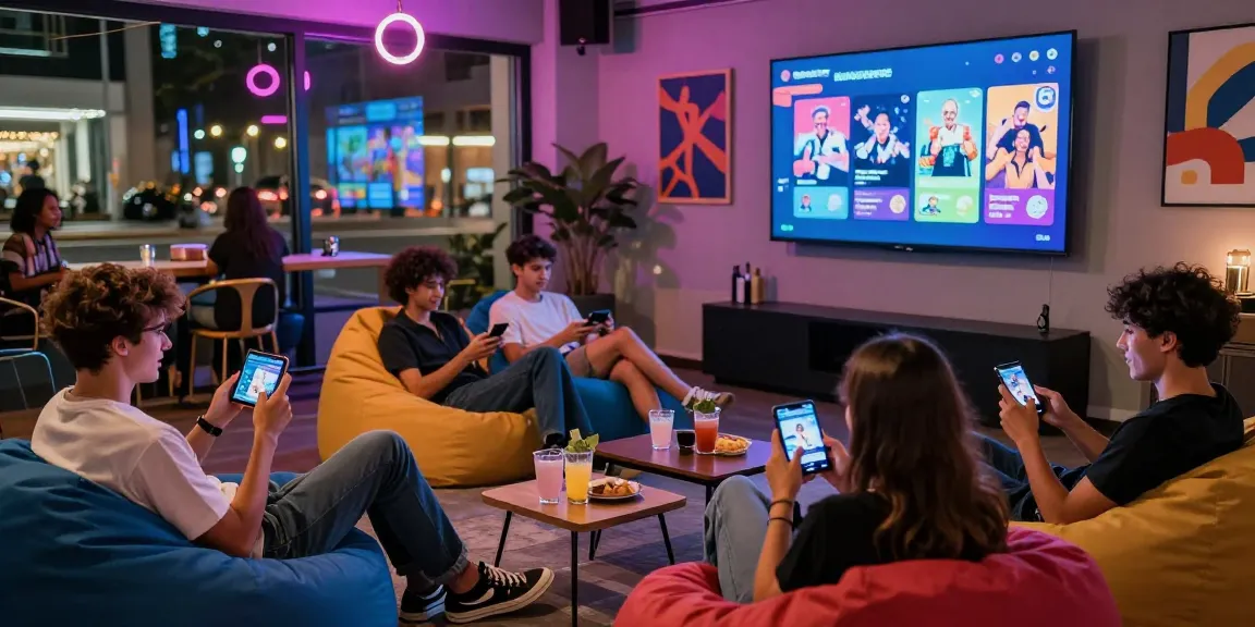 Group enjoying free mobile porn games at a vibrant urban gaming lounge