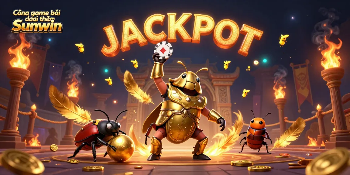 Cổng game bài đổi thưởng Sunwin features a victorious beetle character lifting a poker chip in a dynamic casino scene