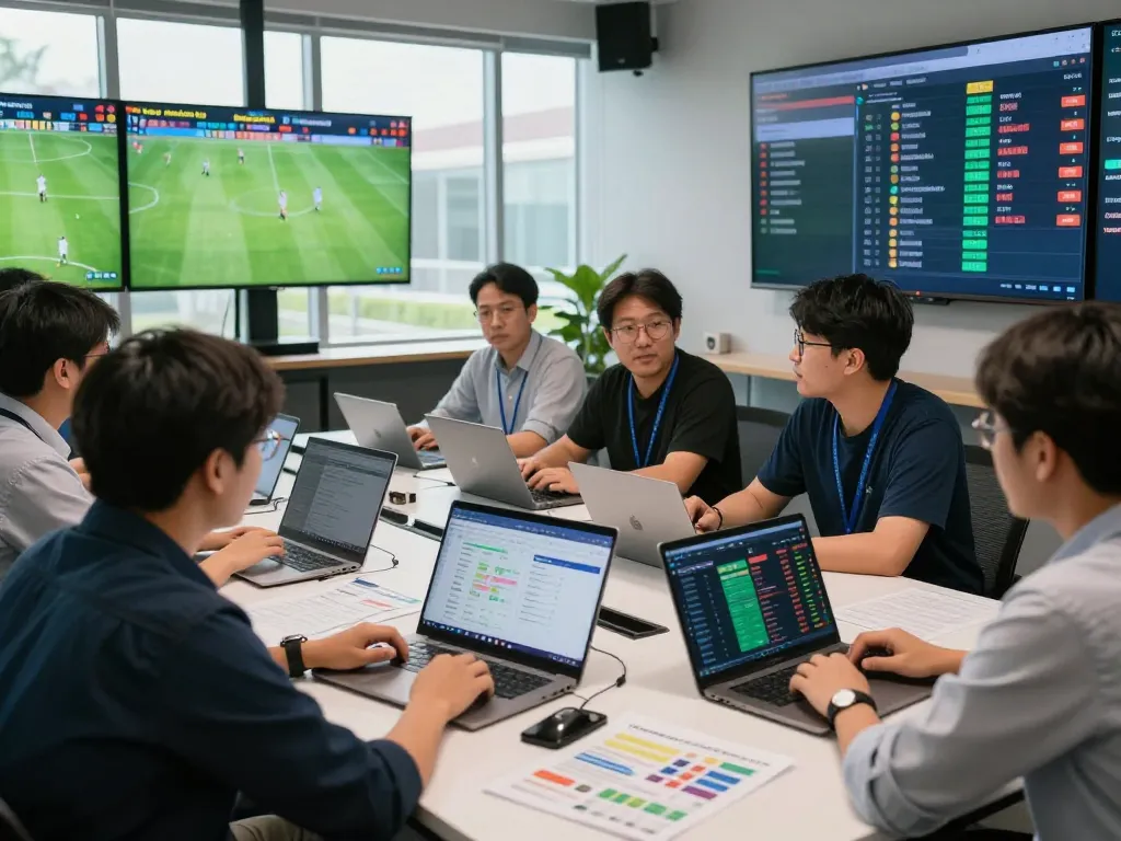 Engaged sports analysts examining live match statistics and betting odds on screens from https://keonhacai8.tv/.