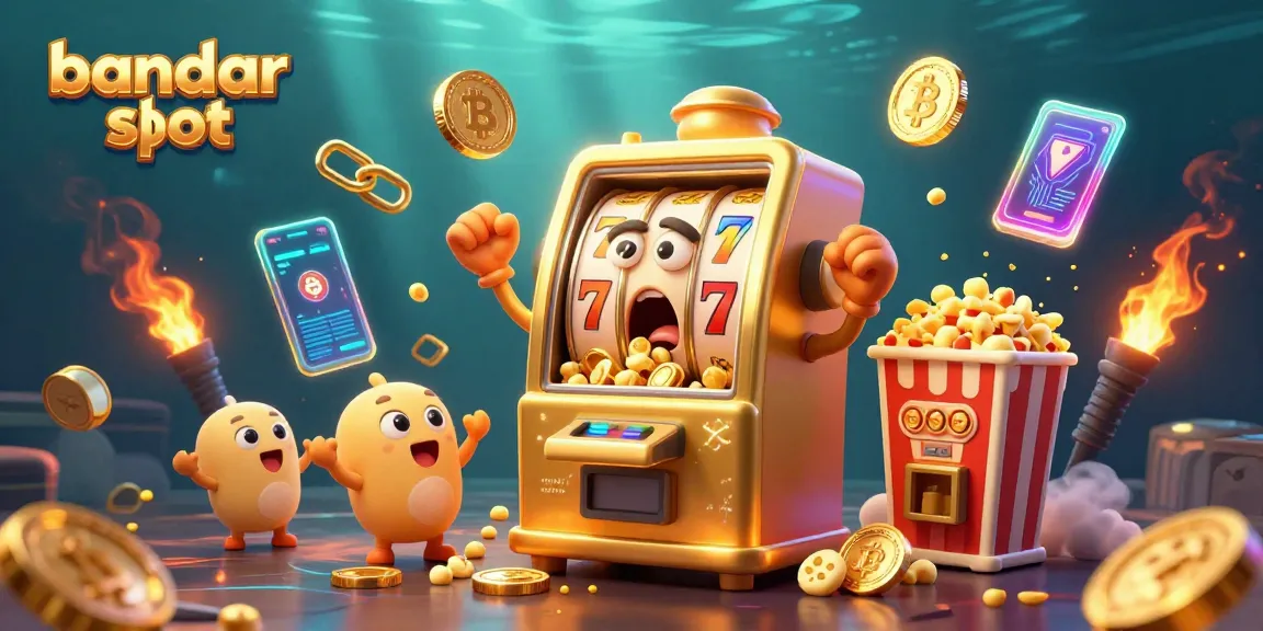 Experience the excitement of bandar slot with a golden slot machine hitting the jackpot amidst floating crypto coins.