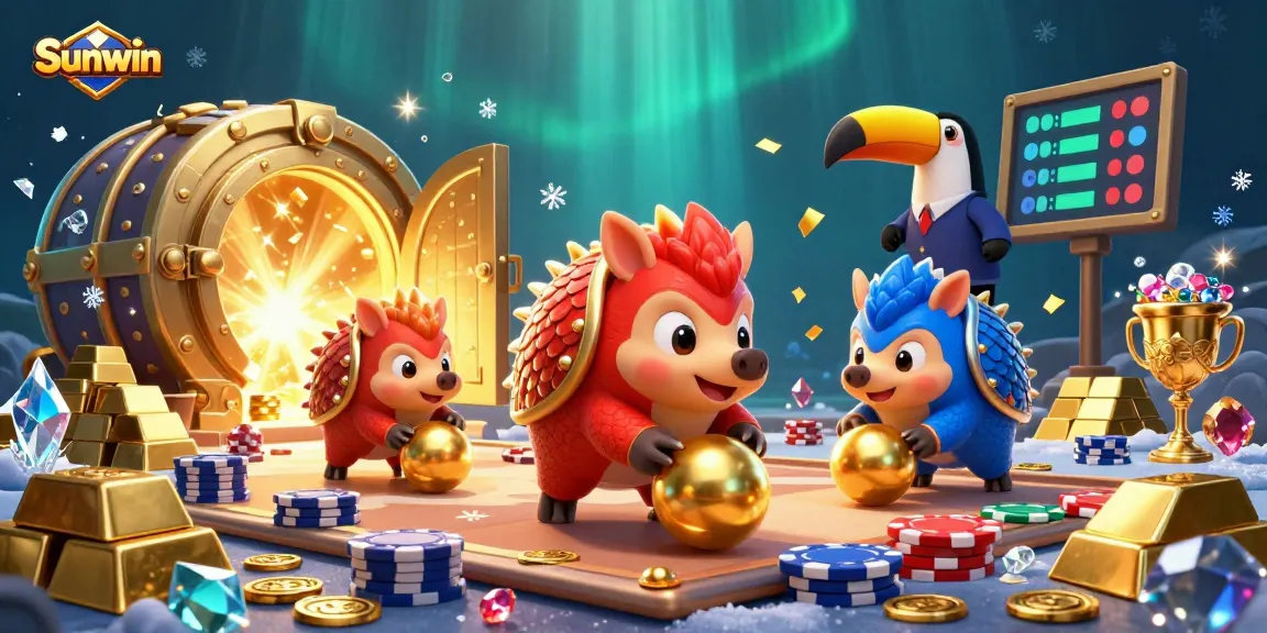 Sunwin pangolins bowling through poker chips in a vibrant casino environment