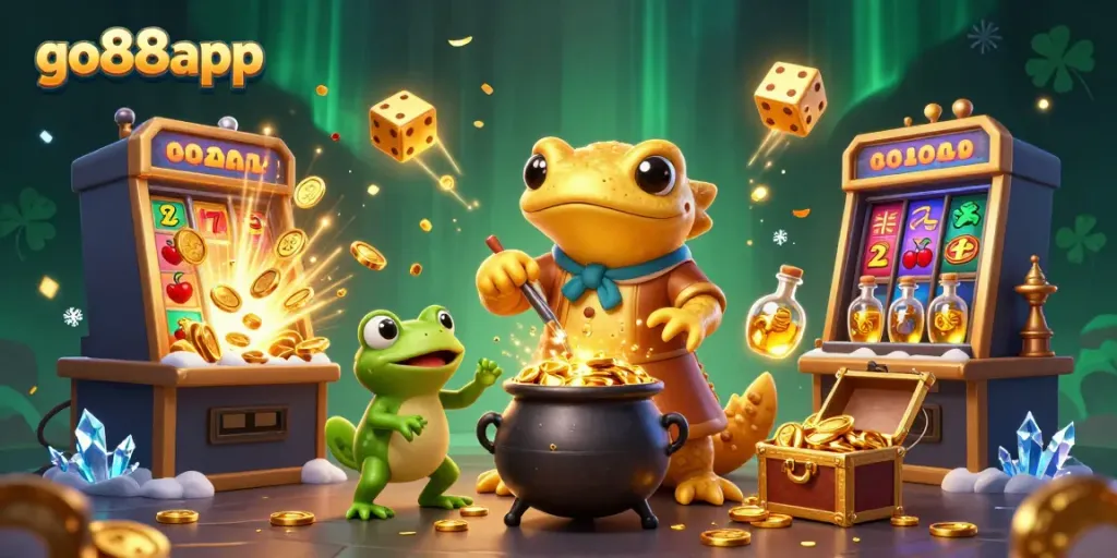 Experience go88app with a lively scene showcasing a golden salamander alchemist and dynamic casino elements.