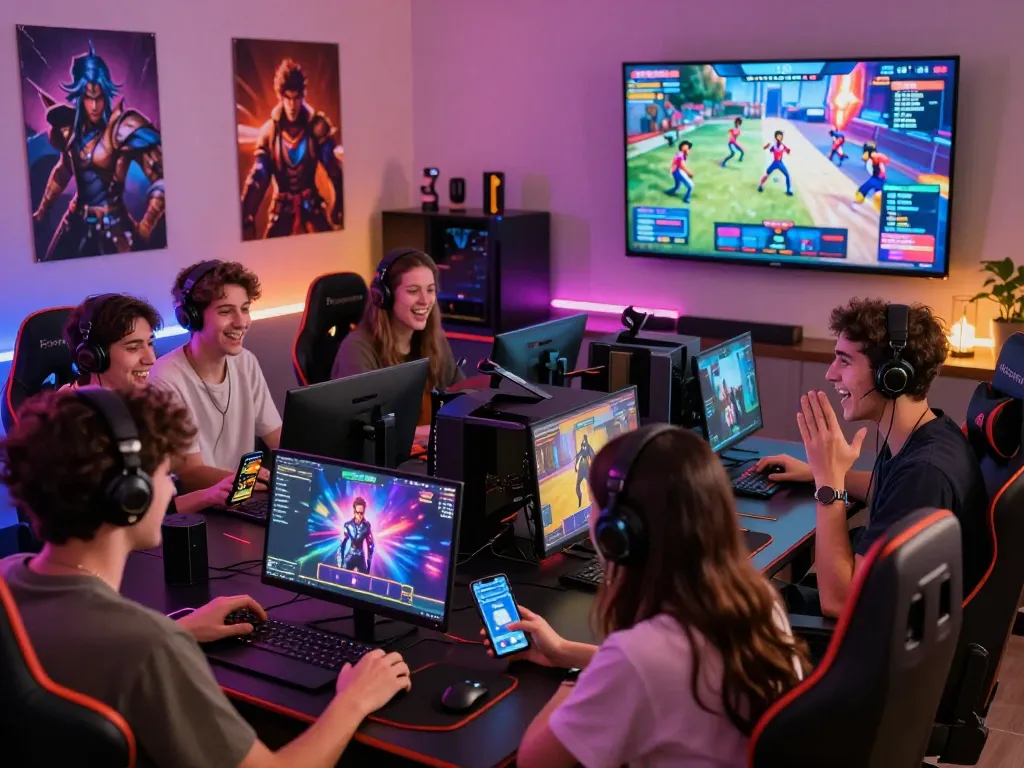 Engaging scene of young adults playing online porn games in neon-lit gaming room.