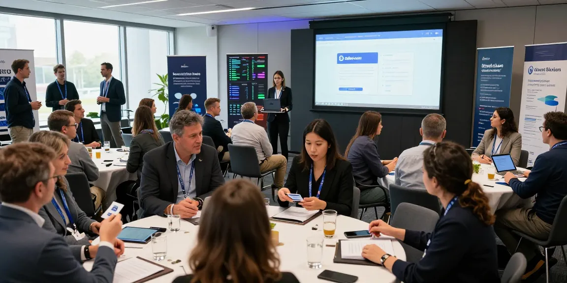 Networking professionals exchanging ideas with debet com displayed at a financial technology event.