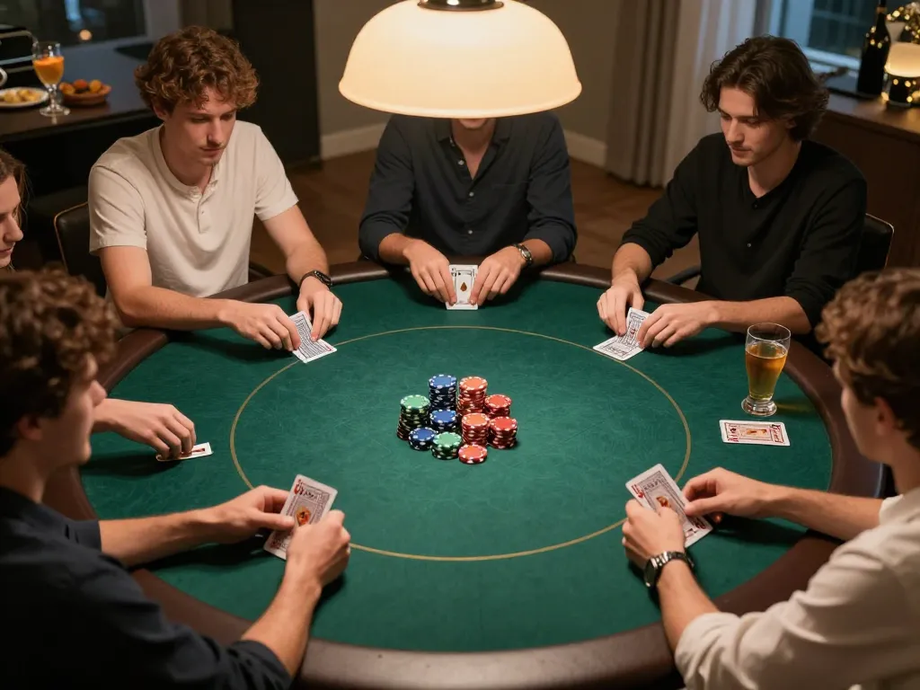 Players enjoying a poker game at home with snacks and drinks, illustrating gamebaidoithuong8 atmosphere.