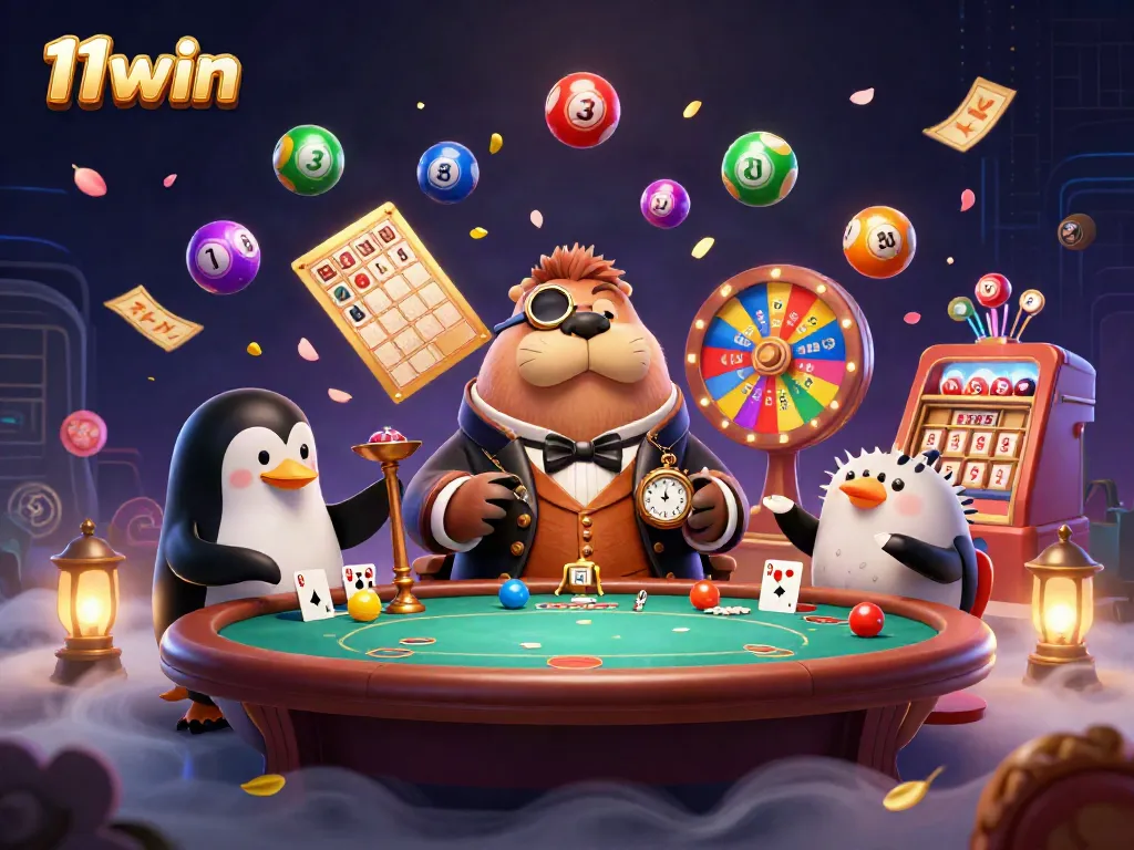 Engage in thrilling games at 11win with a 3D jolly walrus at an underwater poker table surrounded by colorful lottery elements.