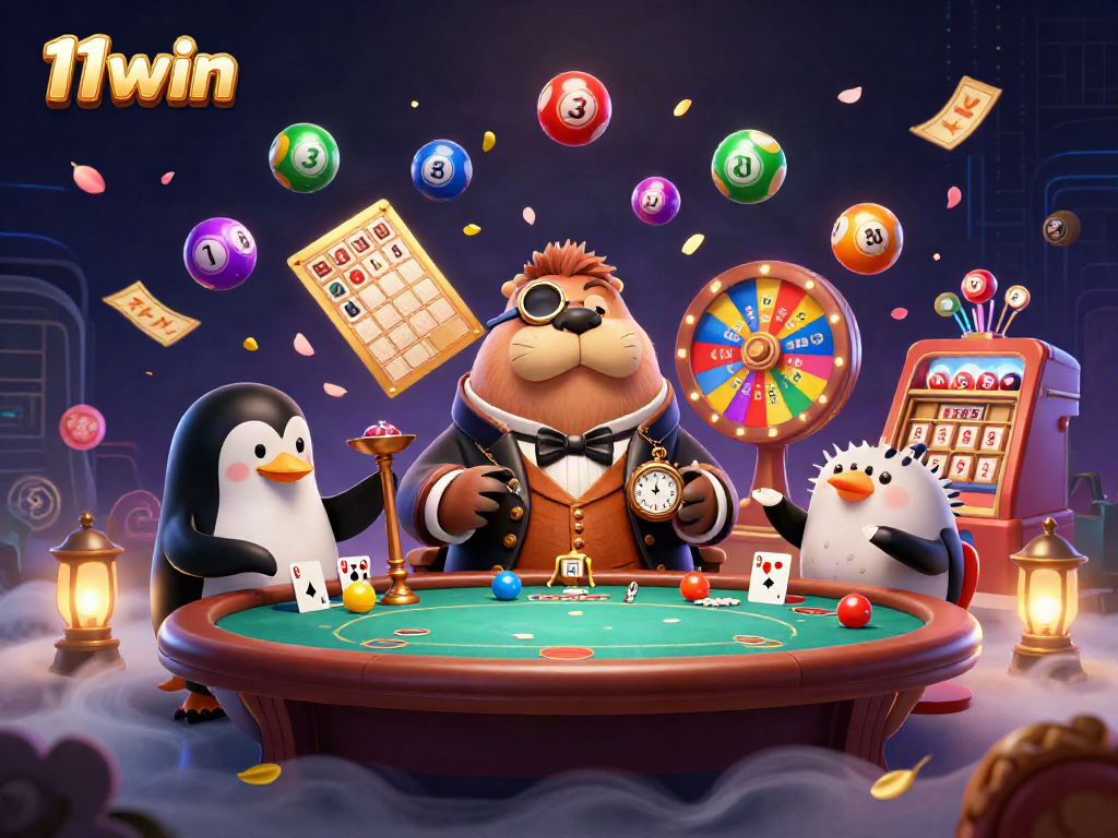 Engage in thrilling games at 11win with a 3D jolly walrus at an underwater poker table surrounded by colorful lottery elements.