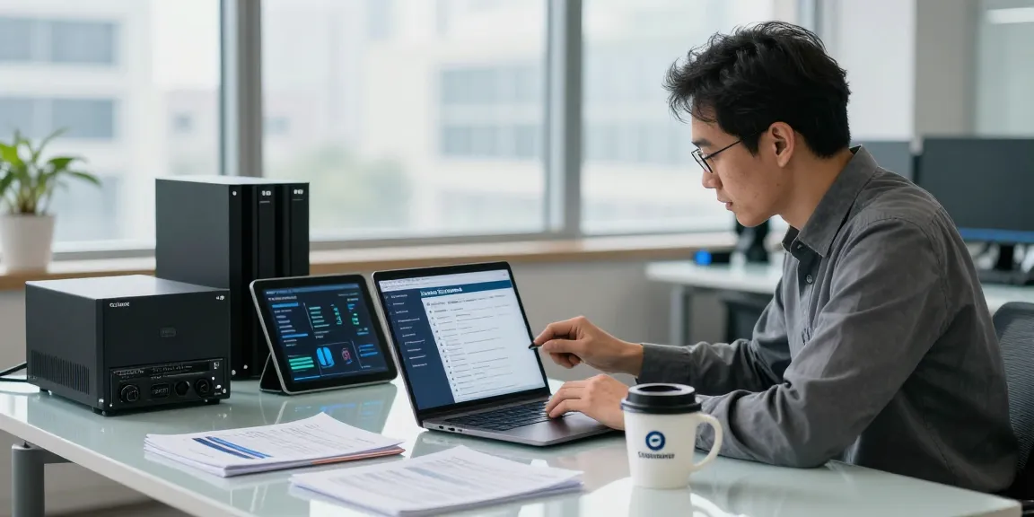 Cyber Essentials compliance review in a modern office setting, highlighting essential cybersecurity practices.