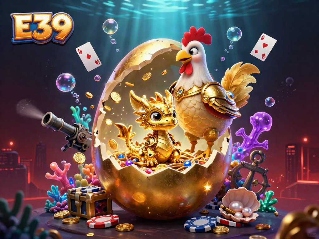 Engage in thrilling gameplay with E39's golden dragon emerging from chips amidst vibrant casino elements.