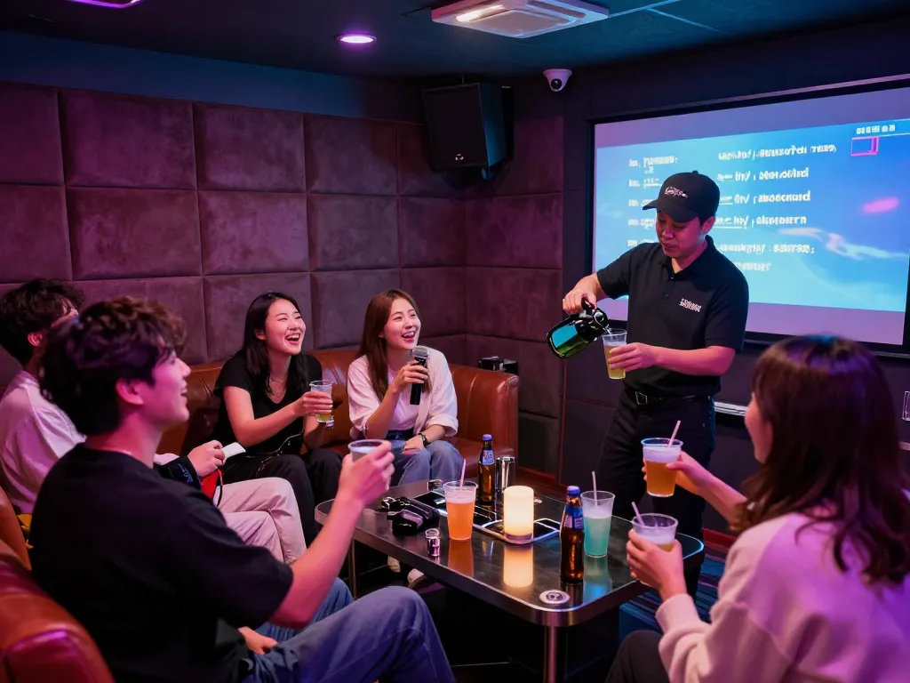 친구들과 함께 축하하는 활기찬 인천 노래방 분위기를 보여주는 www.3no.org/bupyeong의 매력적인 밤문화
