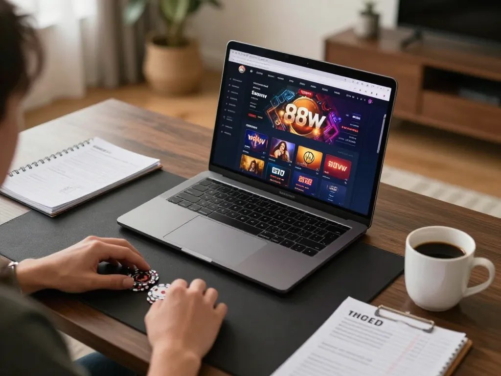 Engaging in an online gaming session at 88vv with a modern setup, showcasing responsible gambling.