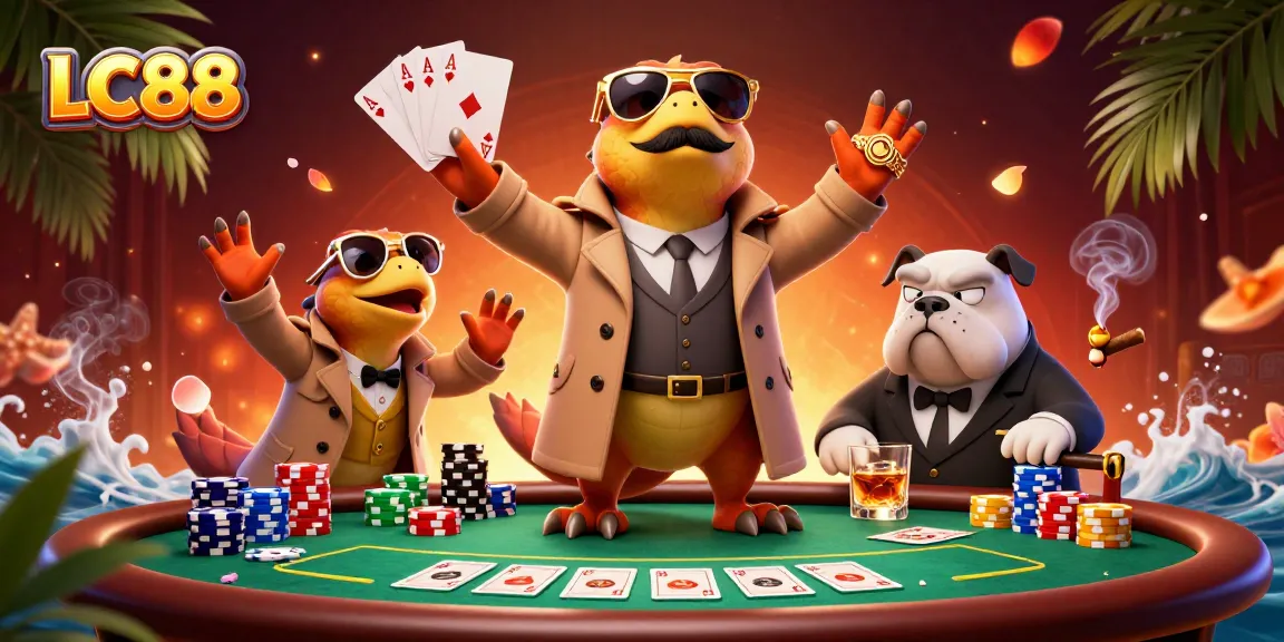 LC88 raptors disguised in a trench coat enter a VIP casino, surrounded by poker elements.