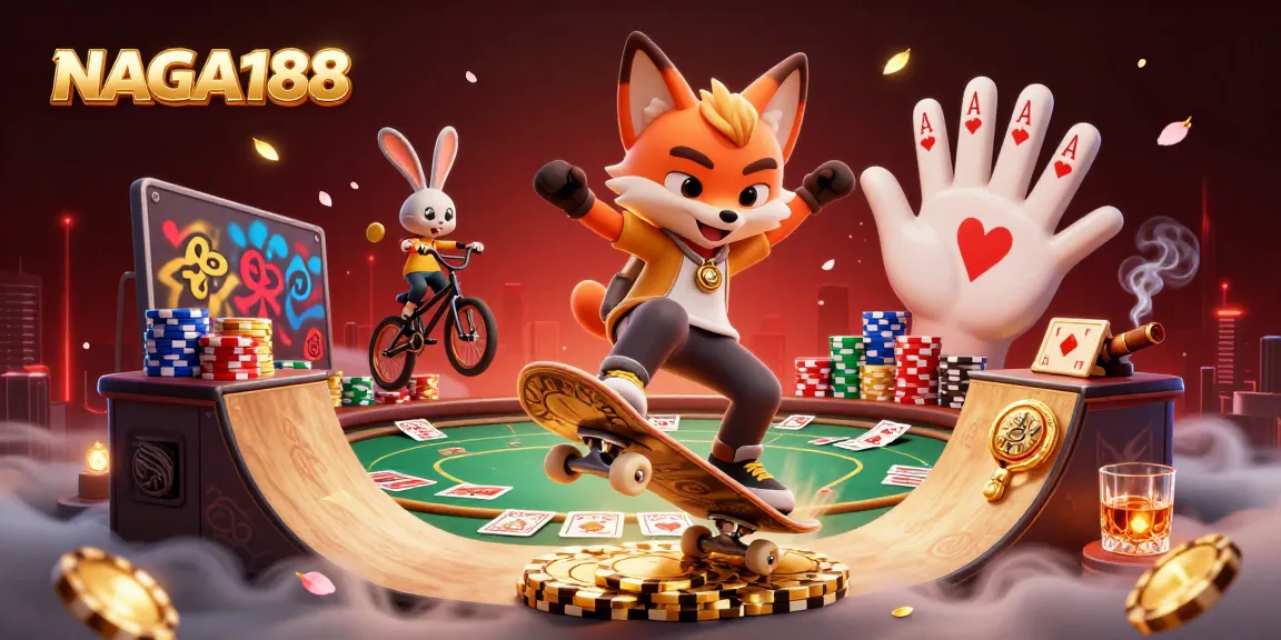 NAGA188 menghadirkan petualangan seru dengan fox skateboarder melakukan kickflip di atas chip poker emas.