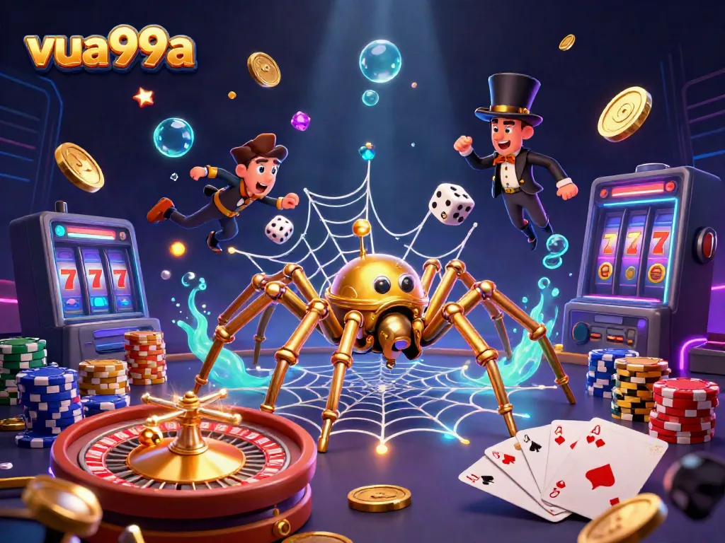 Engage with the vibrant casino world of vua99a featuring golden spider web, roulette wheel, and dynamic casino elements.