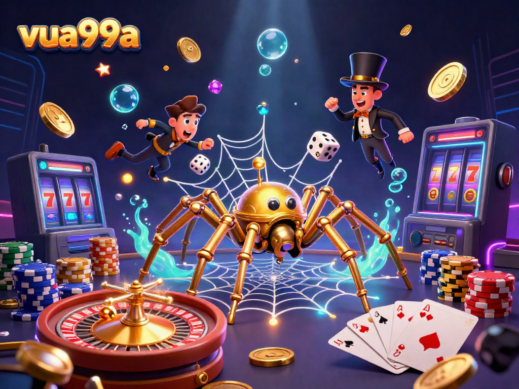 Engage with the vibrant casino world of vua99a featuring golden spider web, roulette wheel, and dynamic casino elements.