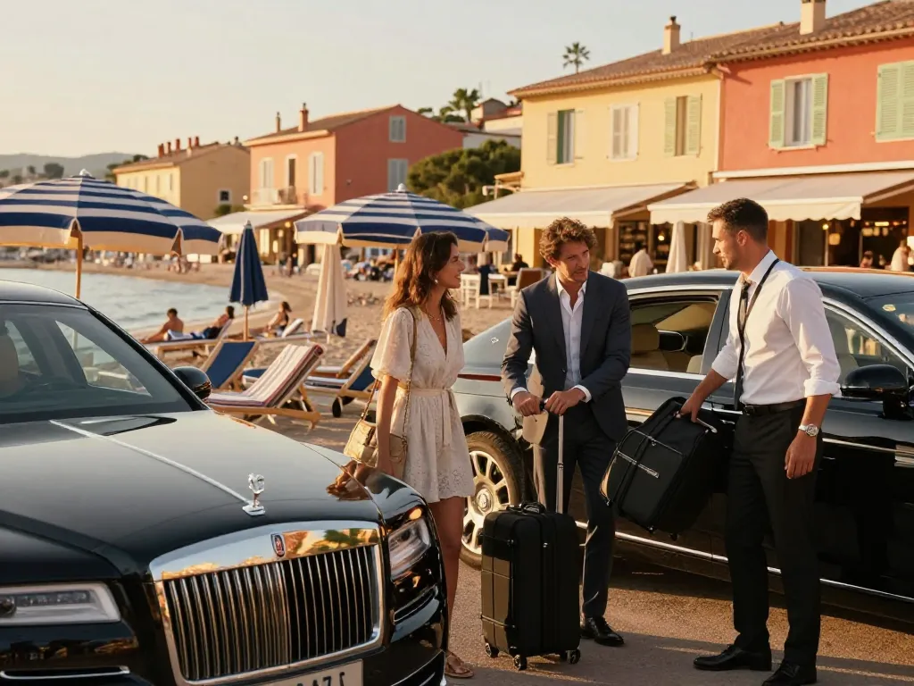 Scène de Taxi Saint Tropez avec un conducteur professionnel aidant des passagers sur une plage.