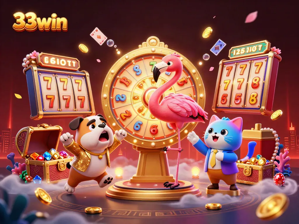 Engage in thrilling games at 33win with a vibrant scene featuring a game show host and prizes galore.