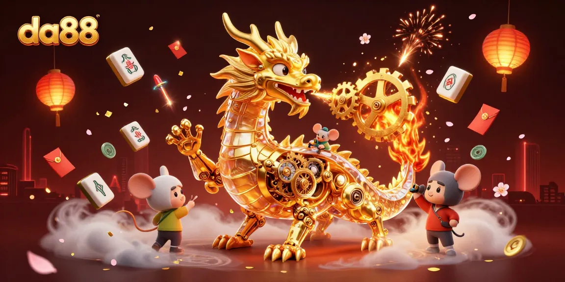 Experience thrilling gameplay with da88 as a golden dragon breathes gears and cogs amidst festive Mahjong tiles.
