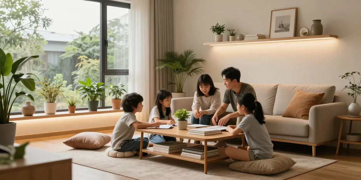 Iluminat ambiental cu aplica LED în living, familie discutând și recalcând designul interior.