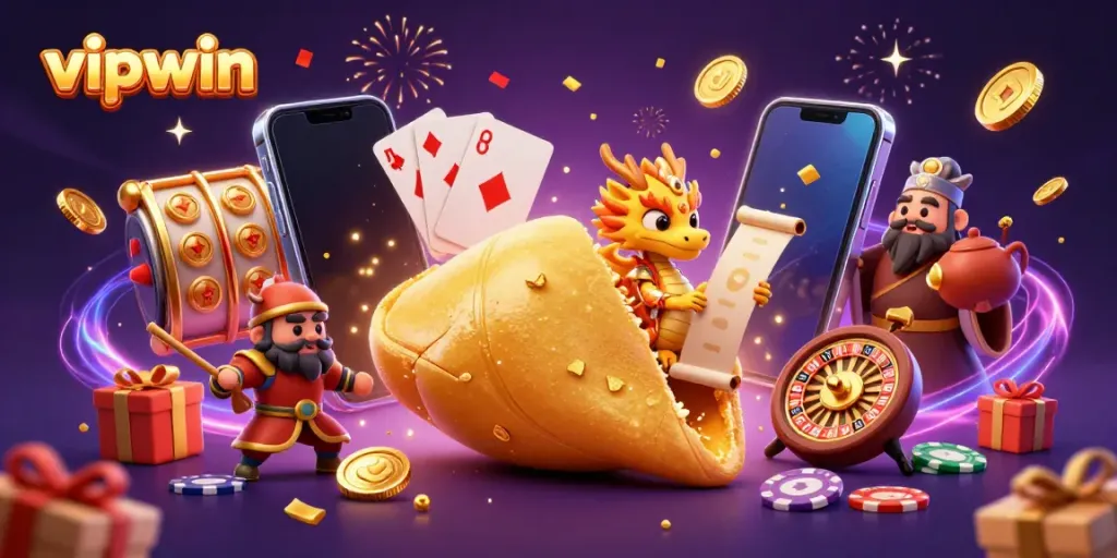 Win big with vipwin in this vibrant casino scene featuring a golden fortune cookie and magical characters.