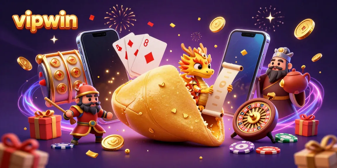 Win big with vipwin in this vibrant casino scene featuring a golden fortune cookie and magical characters.
