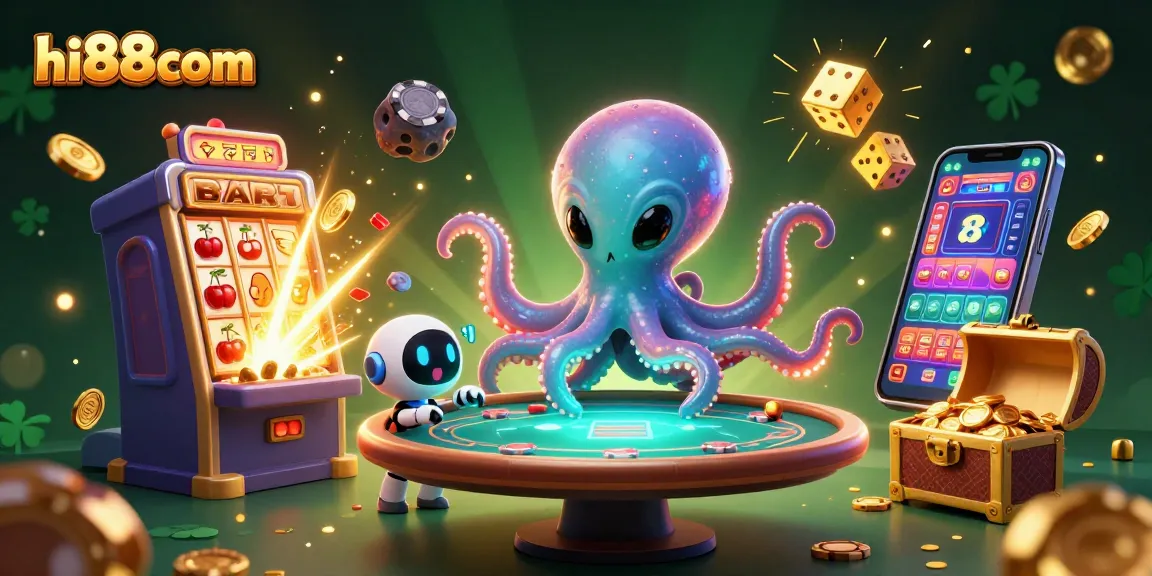 Experience thrilling gameplay at hi88com with an alien octopus illuminating a vibrant casino scene.