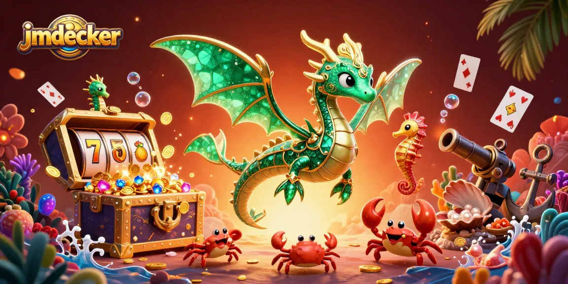 Engage in thrilling slot action with jmdecker's vibrant underwater casino, featuring a sea dragon and gold treasures.