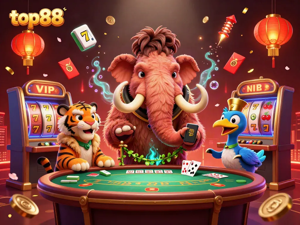 top88 casino scene with a mammoth bouncer checking IDs, vibrant slot machines, and festive decorations.
