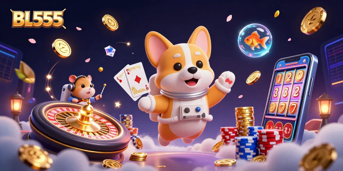 Engage in thrilling gameplay at BL555 with playful characters in a vibrant casino scene.