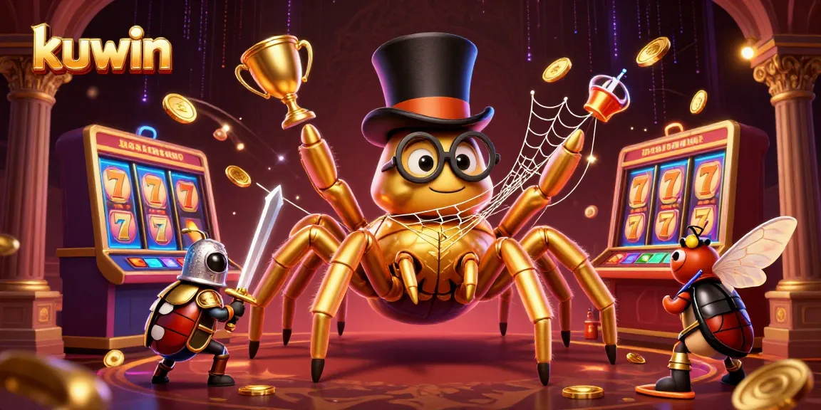 Kuwin's exciting slot games come alive with a golden tarantula weaving luck in a vibrant casino setting.